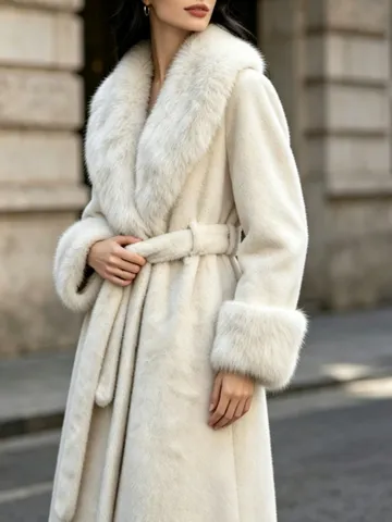 Women Winter Faux Fur Long Coat Thickened Warm Lapel Belted Outerwear Faux Fox Fur Collar Trench Coat