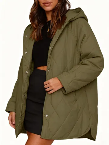 Veste Matelassée en Diamant à Capuche Casual Automne Hiver pour Femmes Manteau en Coton Couleur Unie