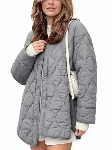 Abrigo de Algodón Acolchado de Color Sólido de Longitud Media Cuello Redondo Holgado Casual para Mujer Manga Larga Chaqueta de Invierno