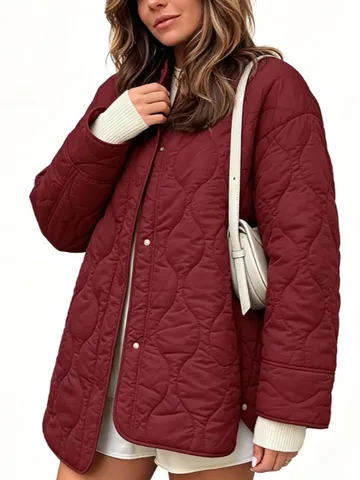 Abrigo de Algodón Acolchado de Color Sólido de Longitud Media Cuello Redondo Holgado Casual para Mujer Manga Larga Chaqueta de Invierno