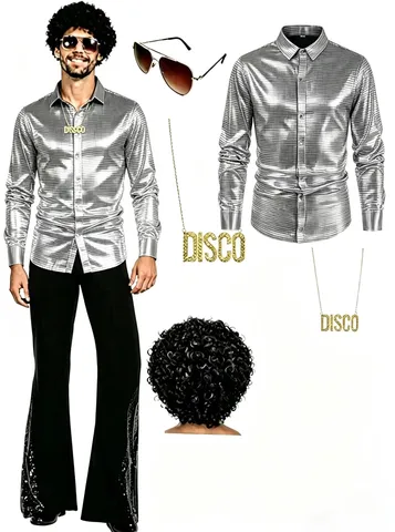Men Retro 70s Disco Performance Costume Top And Bottom With Wig Glasses Necklace Sequin Long Sleeve Shirt Flared Pants Outfit
