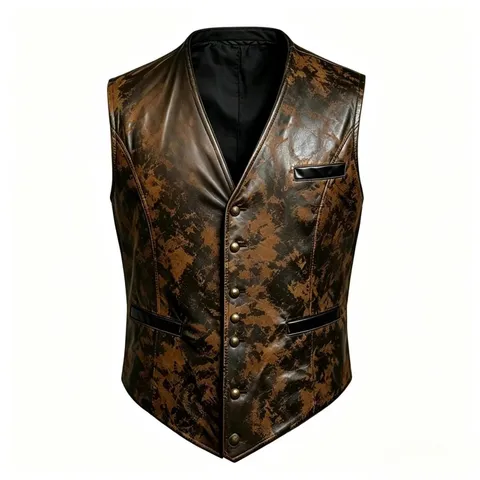 Men Vintage Slim Fit V-Neck Single-Breasted Vest Retro Distressed PU Leather Waistcoat Casual Business Outwear