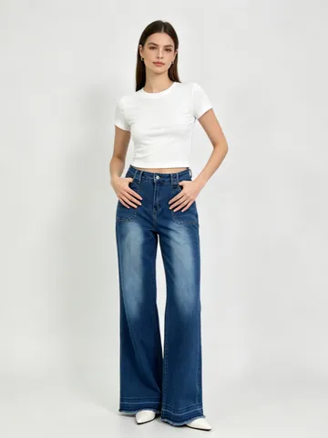Femmes Taille Haute Ample Jambe Droite Denim Jeans Stretch Lavé Casual Quotidien Longs Pentalons Mode Bas