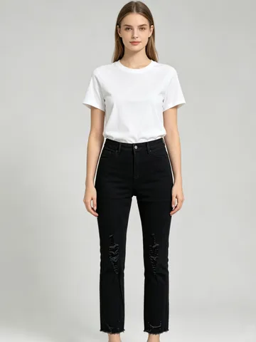 Women's Casual High Waist Distressed Cropped Jeans Slim Fit Solid Color Washed Denim Pants With Raw Hem For Daily Wear