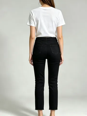 Women's Casual High Waist Distressed Cropped Jeans Slim Fit Solid Color Washed Denim Pants With Raw Hem For Daily Wear