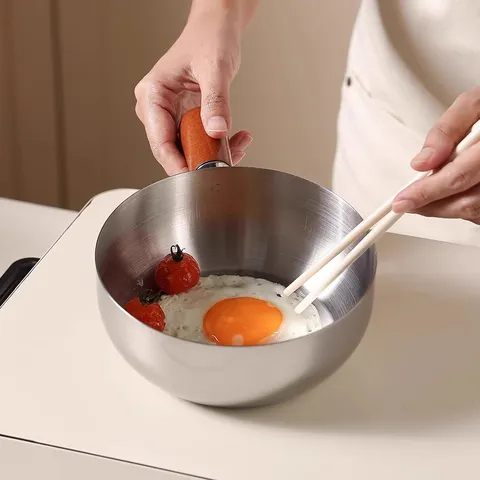 Stainless Steel Ramen Bowl Small Milk Pot With Walnut Wood Handle Household Cooking Pot Mini Cookware Kitchen Tool