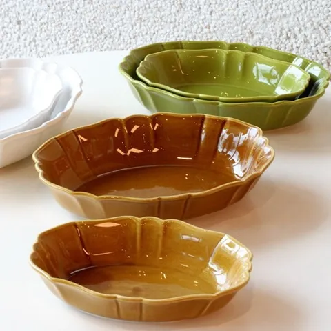 Retro Japanese Wavy Lace Ceramic Oval Baking Pan Deep Plate Curry Salad Bowl Hand-Painted Tableware