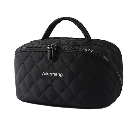 Quilted Diamond Lattice Cosmetic Bag Large Capacity Portable Travel Toiletry Organizer Handbag With Double Zipper For Women