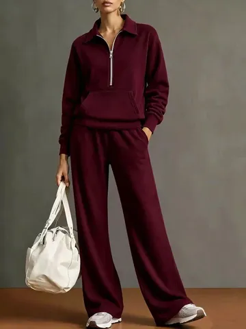 Dames Casual Boven- En Onderkant Set Effen Kleur Halve Rits Revers Sweatshirt En Wijde Pijpen Broek Gebreid Losse Pasvorm
