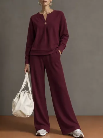 Dames V-Hals Enkele Knoop Lange Mouwen Sweatshirt En Wijde Pijpen Broek Losse Casual Top And Bottom Set
