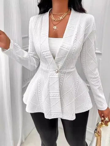 Elegante Jacquard Textuur Jas met Knopen en Lange Mouwen voor Dames Peplum Zoom Slim Fit Katoenmix Bovenkleding Herfst Winter Top