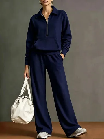 Dames Casual Boven- En Onderkant Set Effen Kleur Halve Rits Revers Sweatshirt En Wijde Pijpen Broek Gebreid Losse Pasvorm