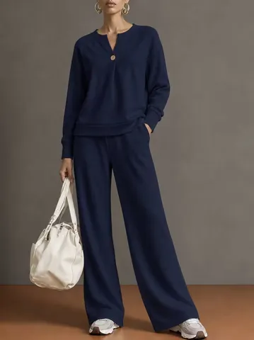 Dames V-Hals Enkele Knoop Lange Mouwen Sweatshirt En Wijde Pijpen Broek Losse Casual Top And Bottom Set
