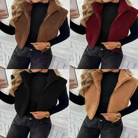 Gilet Décontracté en Polyester Peluche Double Face pour Femmes Fermeture Éclair Col Revers Sans Manches Haut Chaud pour Automne Hiver