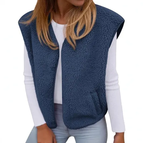 Women Casual Fleece Vest Sleeveless V-Neck Button Down Loose Waistcoat With Pockets Solid Color Autumn Winter Outerwear Top