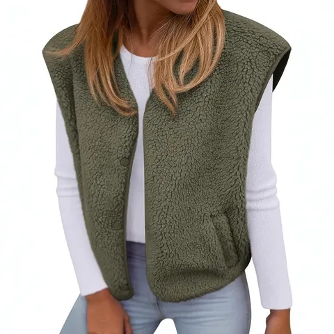 Women Casual Fleece Vest Sleeveless V-Neck Button Down Loose Waistcoat With Pockets Solid Color Autumn Winter Outerwear Top