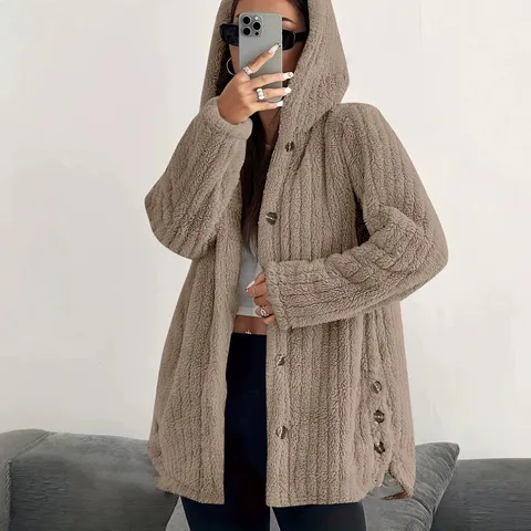 Dames Casual Effen Kleur Lange Mouw Pluche Jas Met Capuchon Losse Kunstbontjas Met Zijknopen Voor Herfst Winter
