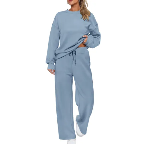 Dames Casual Gebreide Tweeledige Set Effen Kleur Ronde Hals Lange Mouw Top en Wijde Pijp Zak Broek