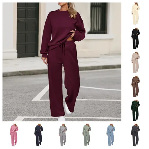 Dames Casual Gebreide Tweeledige Set Effen Kleur Ronde Hals Lange Mouw Top en Wijde Pijp Zak Broek