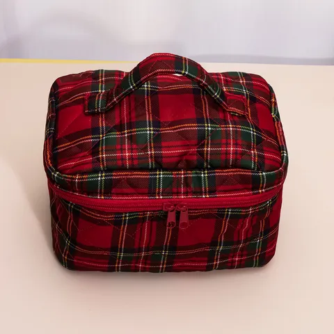 Large Capacity Portable Travel Cosmetic Bag Quilted Plaid Makeup Pouch Handheld Toiletry Storage Organizer