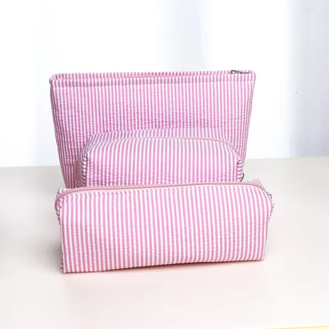 Simple Fresh Stripe Corduroy Cosmetic Bag Large Capacity Portable Travel Wash Bag Zipper Makeup Storage Organizer Pouch
