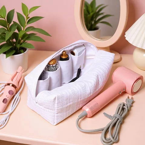 Quilted Cotton Cosmetic Bag Large Capacity Travel Storage Pouch Portable Multifunctional Organizer Bag For Hair Styling Tools