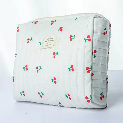 Large Capacity Quilted Floral Cosmetic Bag Cute Cherry Print Travel Toiletry Organizer Handbag Makeup Pouch For Women