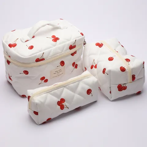 Quilted Cotton Makeup Bag Set Large Capacity Travel Toiletry Organizer Portable Cosmetic Pouch For Women