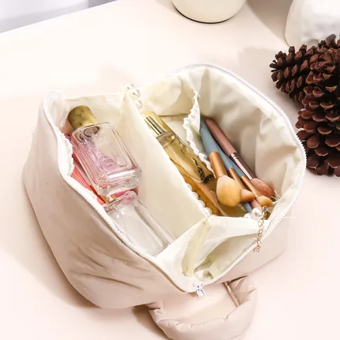Large Capacity Waterproof Cosmetic Bag Minimalist Solid Color Fluffy Travel Makeup Pouch Portable Toiletry Organizer Bag