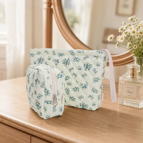Quilted Portable Padded Cosmetic Bag Floral Wash Storage Bag Cute Makeup Pouch For Women Travel Daily Use