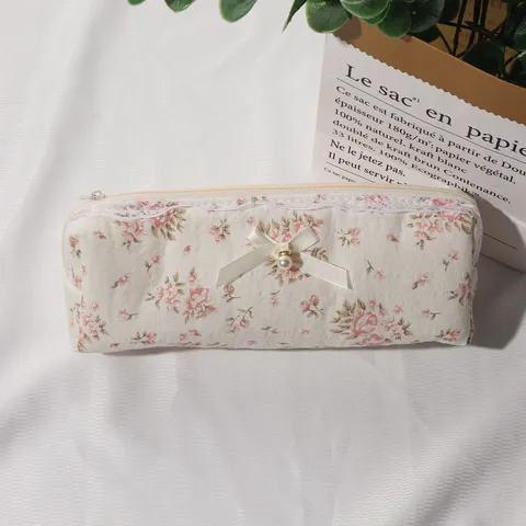 Quilted Cotton Makeup Bag Cute Floral Lace Bowknot Travel Toiletry Pouch Portable Cosmetic Storage Bag For Women