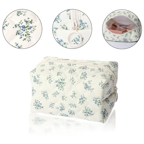 Quilted Floral Cosmetic Bag Portable Padded Makeup Storage Pouch Cute Bow Toiletry Bag Travel Organizer Bag
