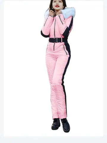 Women Winter One-Piece Ski Suit Hooded Faux Fur Collar Windproof Warm Waterproof Active Sports Jumpsuit Outerwear
