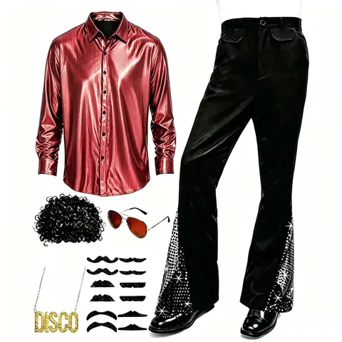 Men Retro Disco Performance Costume Metallic Long Sleeve Shirt Flared Pants Outfit Set Stage Cosplay Party Clothes