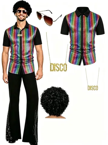 Ensemble de Costume de Performance Disco pour Hommes Chemise à Manches Courtes à Paillettes Pantalon à Pattes d'éph Rétro Avec Perruque Lunettes de Soleil Collier