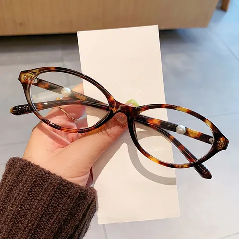 Vintage Oval Katzenauge Blaulichtfilter Brille Für Damen Retro Schildpatt PC Rahmen Künstliche Perlen Dekor Nerd Brille Klare Gläser Ohne Sehstärke