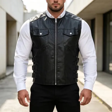 Gilet in Finta Pelle Casual da Uomo Slim Fit Monopetto Senza Collo Giacca Retro Moto Streetwear Moda Capispalla