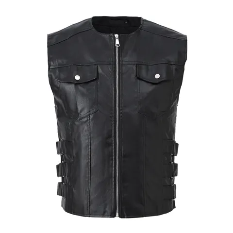 Gilet in Ecopelle Casual da Uomo Stile Coreano Monopetto Capospalla Slim Fit Senza Collo Senza Maniche