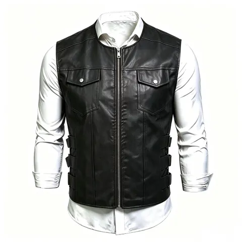 Gilet in Ecopelle Casual da Uomo Monopetto Collo alla Coreana Tasche Moda Stile Coreano Giacca Esterna