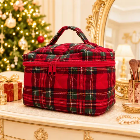 Large Capacity Portable Travel Cosmetic Bag Quilted Plaid Makeup Pouch Handheld Toiletry Storage Organizer