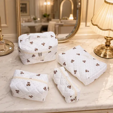 Cream Polka Dot Bear Cosmetic Bag Quilted Padded Large Capacity Portable Travel Storage Toiletry Bag Makeup Pouch Set