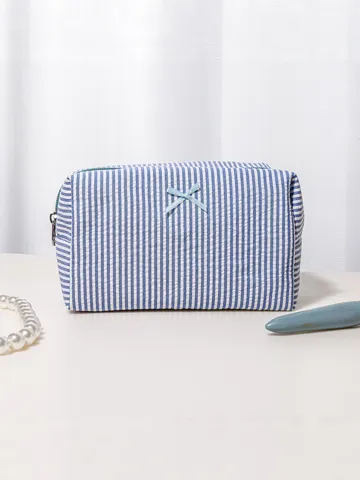 Women Portable Seersucker Striped Cosmetic Bag Cute Bow Travel Toiletry Bag Large Capacity Makeup Storage Pouch