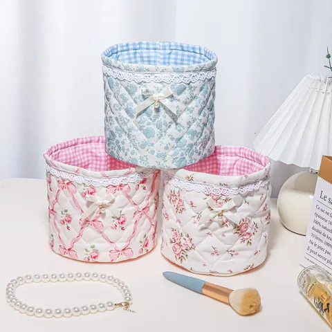 Bow Lace Quilted Cylindrical Storage Basket Sweet Ballet Style Small Floral Desktop Sundries Organizer Fabric Storage Bucket