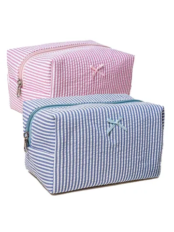 Women Portable Seersucker Striped Cosmetic Bag Cute Bow Travel Toiletry Bag Large Capacity Makeup Storage Pouch