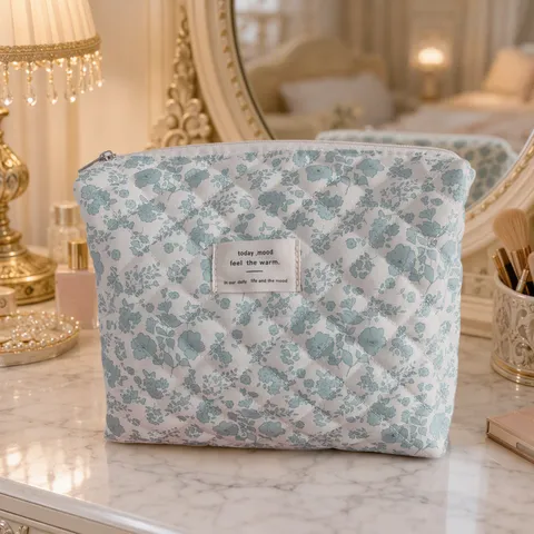 Quilted Cosmetic Bag Floral Large Capacity Pouch Portable Travel Makeup Storage Bag Cotton Padded Toiletry Bag For Women
