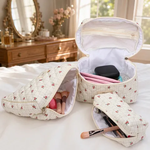 Large Capacity Quilted Floral Cosmetic Bag Travel Portable Storage Organizer Set