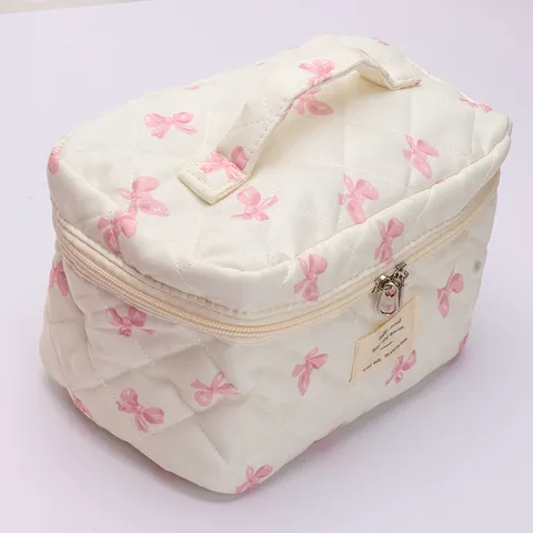 Quilted Bow Floral Cosmetic Bag Large Capacity Portable Makeup Pouch Sweet Style Toiletry Organizer For Women