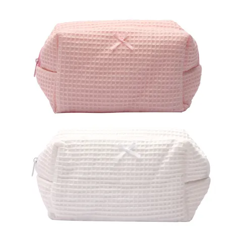 Large Capacity Travel Cosmetic Bag Waffle Portable Toiletry Storage Bag Cute Bow Zipper Makeup Organizer For Women