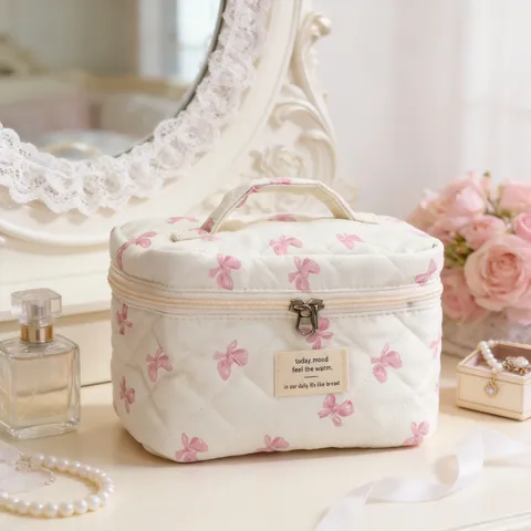 Quilted Bow Floral Cosmetic Bag Large Capacity Portable Makeup Pouch Sweet Style Toiletry Organizer For Women