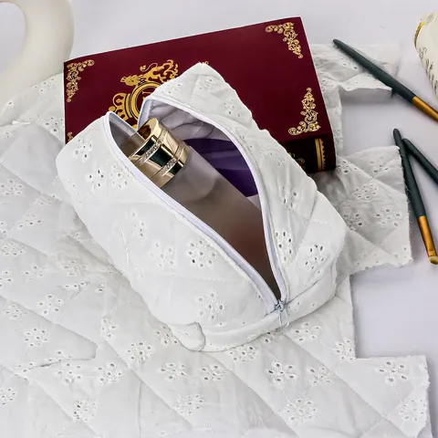 Quilted Embroidered Lace Cosmetic Bag Cotton Travel Portable Makeup Pouch Toiletry Organizer